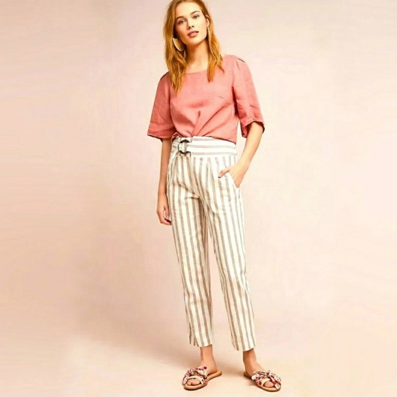 Anthropologie Pants - NWOT Anthropologie Linen Striped Oasis Belted Coastal Grandma Vacation Pants 14